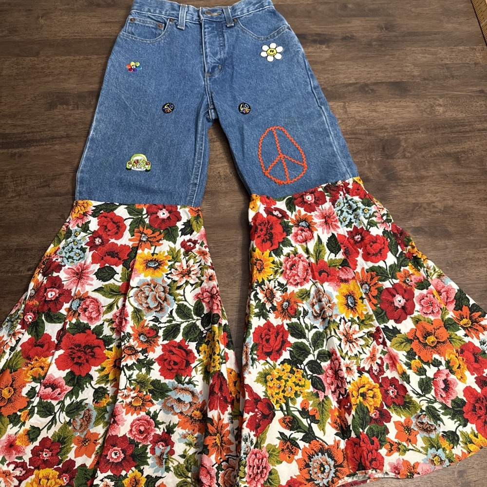 Girls 10 Slim Route 66 Upcycled Handmade Hippie Flare Floral Bell bottom Jeans